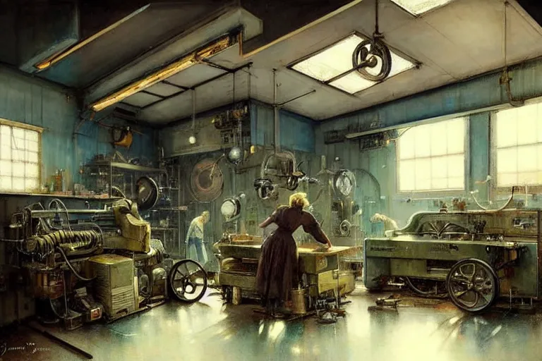 Image similar to ( ( ( ( ( 1 9 5 0 s retro science fiction mechanics shop interior scene. muted colors. ) ) ) ) ) by jean - baptiste monge!!!!!!!!!!!!!!!!!!!!!!!!!!!!!!