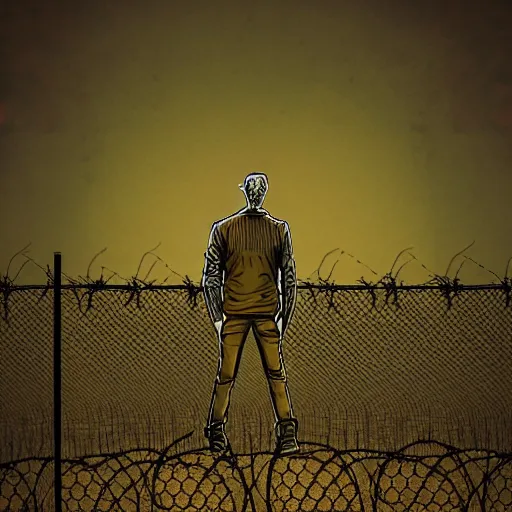 Image similar to scared man standing in front of a fence with barbed wire, by jeffrey smith, tim biskup, behance contest winner, wallpaper, digital illustration