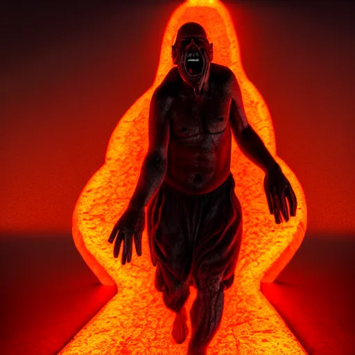 Prompt: ( a screaming man walks on lava towards the gates of hell ) by barlowe wayne, photorealistic, dynamic lighting, very detailed faces, trending on artstation, wallpaper, dream, 4 k, award winning, vivid colors, beautiful fire