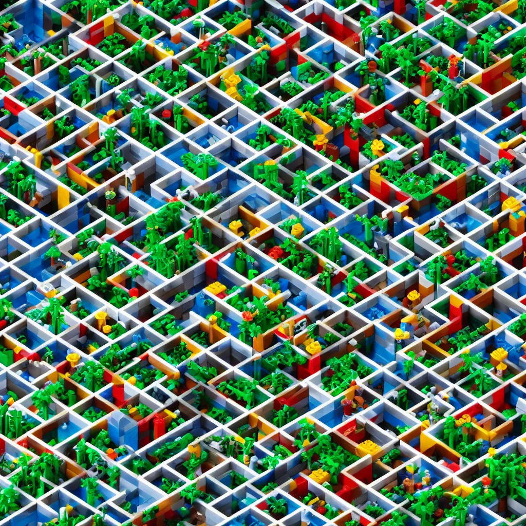 Image similar to wimmelbilder maze made of lego, isometric, octane render, Lego palm trees, unreal engine