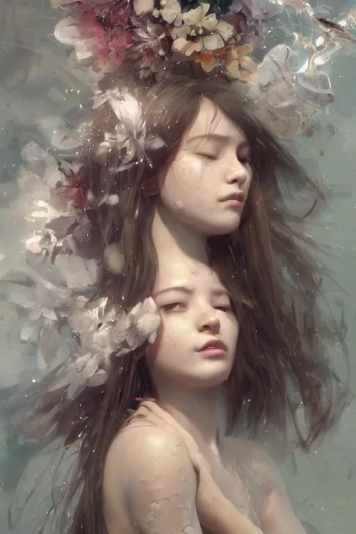 Image similar to face closeup a young beautiful girl drowned in water exploding into electricity, wearing crystal white feathers, 3 d render, hyper realistic detailed portrait, holding magic flowers, ruan jia, wlop. scifi, fantasy, hyper detailed, octane render, concept art, by peter mohrbacher, by wlop, by ruan jia