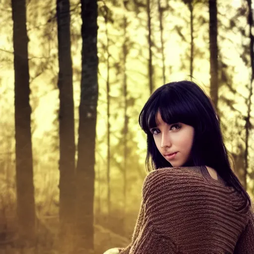 Prompt: real life photo of a beautiful girl, full body photo shoot, long black hair, brown eyes, full round face, short smile, brown sweater, forest setting, cinematic lightning, medium shot, mid - shot, highly detailed, trending on artstation, unreal engine 4 k, 8 0 mm, 8 5 mm, cinematic wallpaper