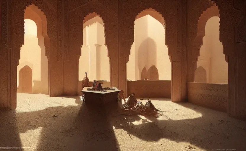 Prompt: Interior shot painting of an interior Moroccan Castle with glossy ceramic floor in the middle of desert with dunes by Greg Rutkowski and Craig Mullins, Dark atmospheric sad and cinematic lighting, Trending on artstation