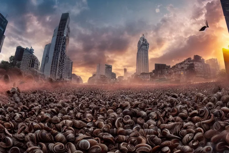 Image similar to a city invaded by 1 0 meters snails, huge snails, sunset, atmospheric lighting, 5 0 0 px, people running in fear, chaos, screaming