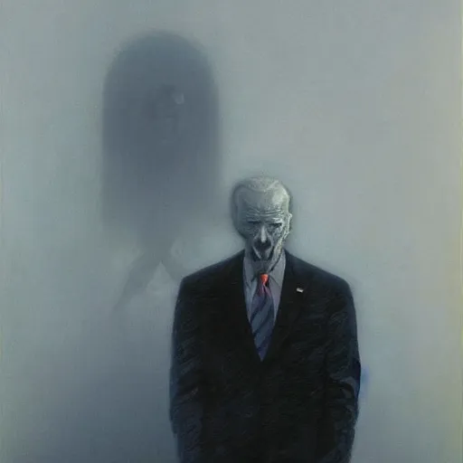 Image similar to presidential portrait of joe biden with shadowy mist pouring from mouth and nose as slenderman, by beksinski, jon mcnaughton, and stephen gammell