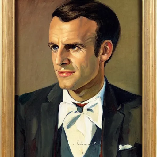 Image similar to a portrait of emmanuel macron wearing a straw hat in a scenic environment by j. c. leyendecker