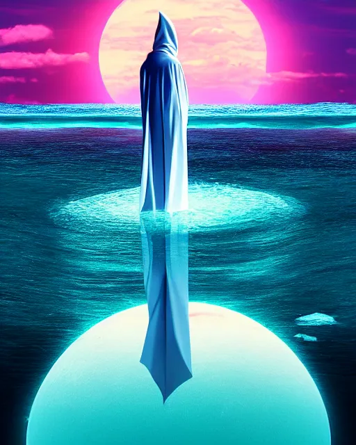 Image similar to a person wearing a white cloak standing in the water. a large planet is overhead. an album cover by stanley twardowicz, trending on cg society, retrofuturism, retrowave, chillwave, synthwave