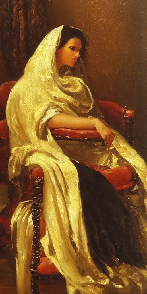 Image similar to romantic period style highly atmospheric oil painting of a middle eastern woman lounging on a chair, wearing a golden veil