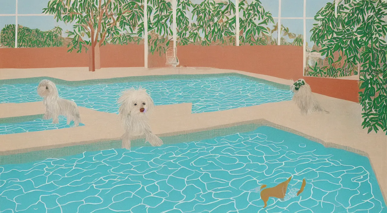 Prompt: a cream colored havanese dog at the swimming pool at a mid century modern house in palm springs by david hockney