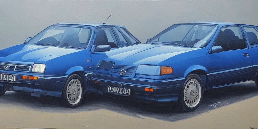 Prompt: Highly detailed oil painting of a dark blue 1991 opel astra, strong atmosphere, oil painting masterpiece by Josep Tapiró Baró, symmetry, fractals