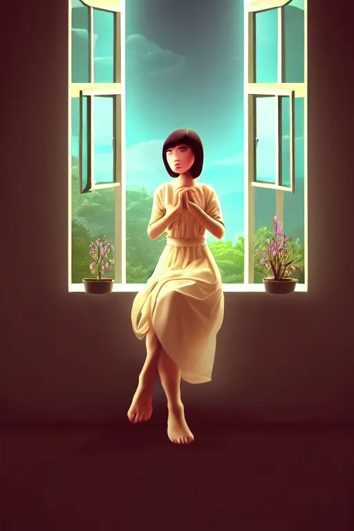 Image similar to joana sitting lookin at window composition : dynamic lighting, digital painting, center of interest, intricate, proportion, highly quality, balance, unity, extremely highly detailed. by bambang nurdianshyah ( details and background ) garis edelweiss ( lighting ) roby dwi antono ( character ) kira ayn varszegi ( dress )