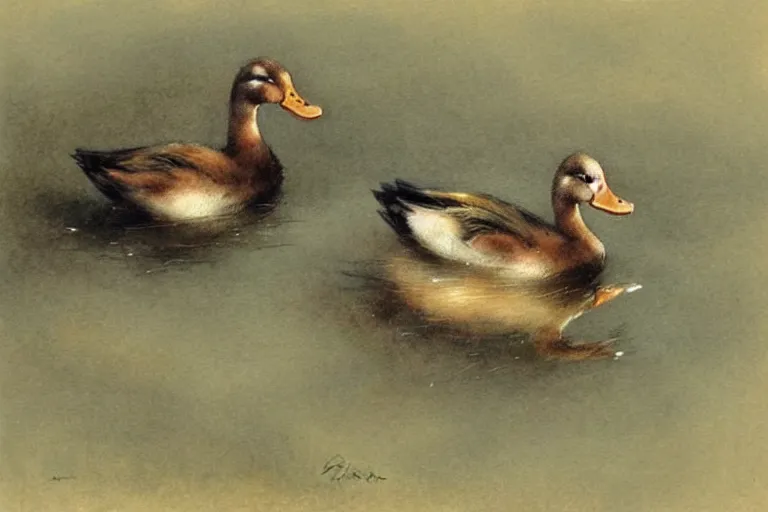 Image similar to ( ( ( ( ( ducks playing on wet road. muted colors. ) ) ) ) ) by jean - baptiste monge!!!!!!!!!!!!!!!!!!!!!!!!!!!