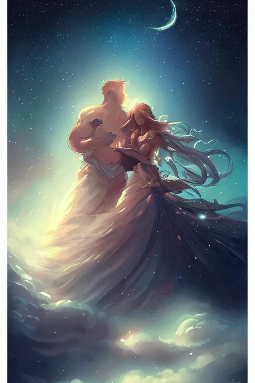 Prompt: man and woman sea and night sky with stars and galaxies, ornate detailed background, trending on artstation, by rossdraws, artgerm