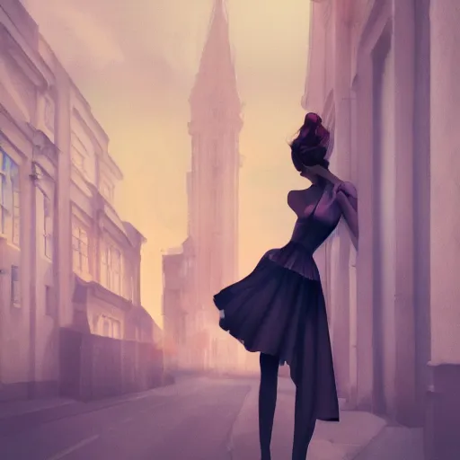 Prompt: a shade of girl, dusk on a city street, in the style of Anna Dittman, fashion photography