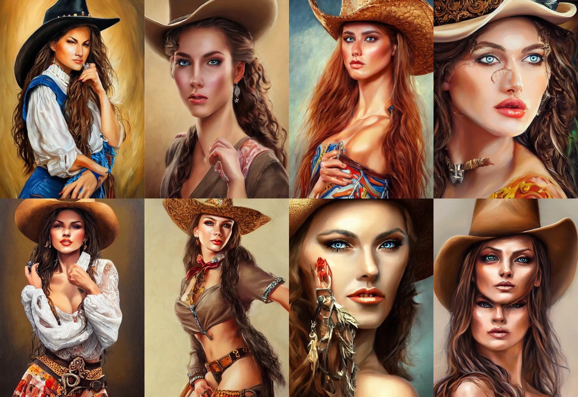 Prompt: detailed full body concept oil painting of a cowgirl beautiful face elegant pose fantasy illustration insanely detailed and intricate clothing