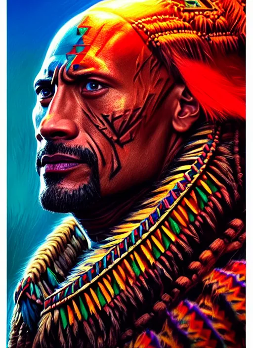 Prompt: portrait of dwayne johnson, hyper detailed ultra sharp aztec shaman warrior. trending on artstation, warpaint aesthetic, bloodwave, colorful, psychedelic, ornate, intricate, digital painting, concept art, smooth, sharp focus, illustration, art by artgerm and greg rutkowski and h. r. giger, 8 k
