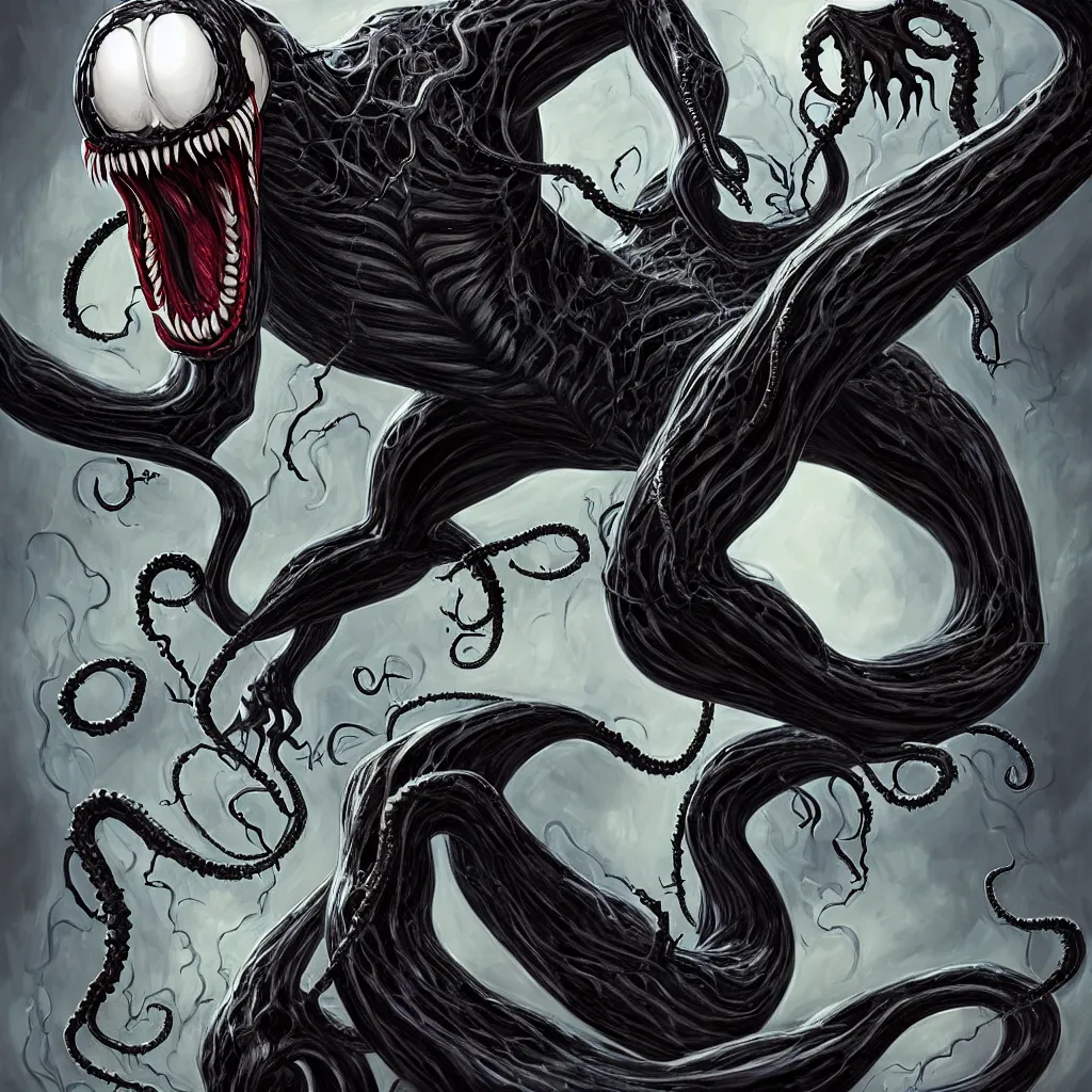 Prompt: full body long shot venom from marvel comics!!!!, large mouth with teeth, lovecraftian horror!, surrealism, fantasy, intricate, elegant, highly detailed, digital painting, artstation, concept art, matte, sharp focus, illustration, art by keith thompson and christopher lane