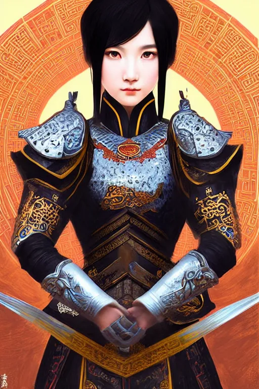 Image similar to portrait black hair young knights of Dynasty Warriors girl, matt white color armor, in ruin chinese temple rooftop moon light night, ssci-fi and fantasy, intricate and very beautiful and elegant, highly detailed, digital painting, soft light, artstation, concept art, smooth and sharp focus, illustration, art by tian zi and WLOP and alphonse mucha
