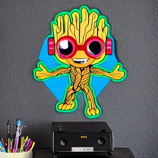 Image similar to svg sticker of a Pop-Wonder Groot-Marvel-Avenger at a rave, spinning records, giant headphones rocking out, wearing headphones, huge speakers, dancing, rave, DJ, spinning records, digital art, amazing composition, rule-of-thirds, award-winning, trending on artstation, featured on deviantart