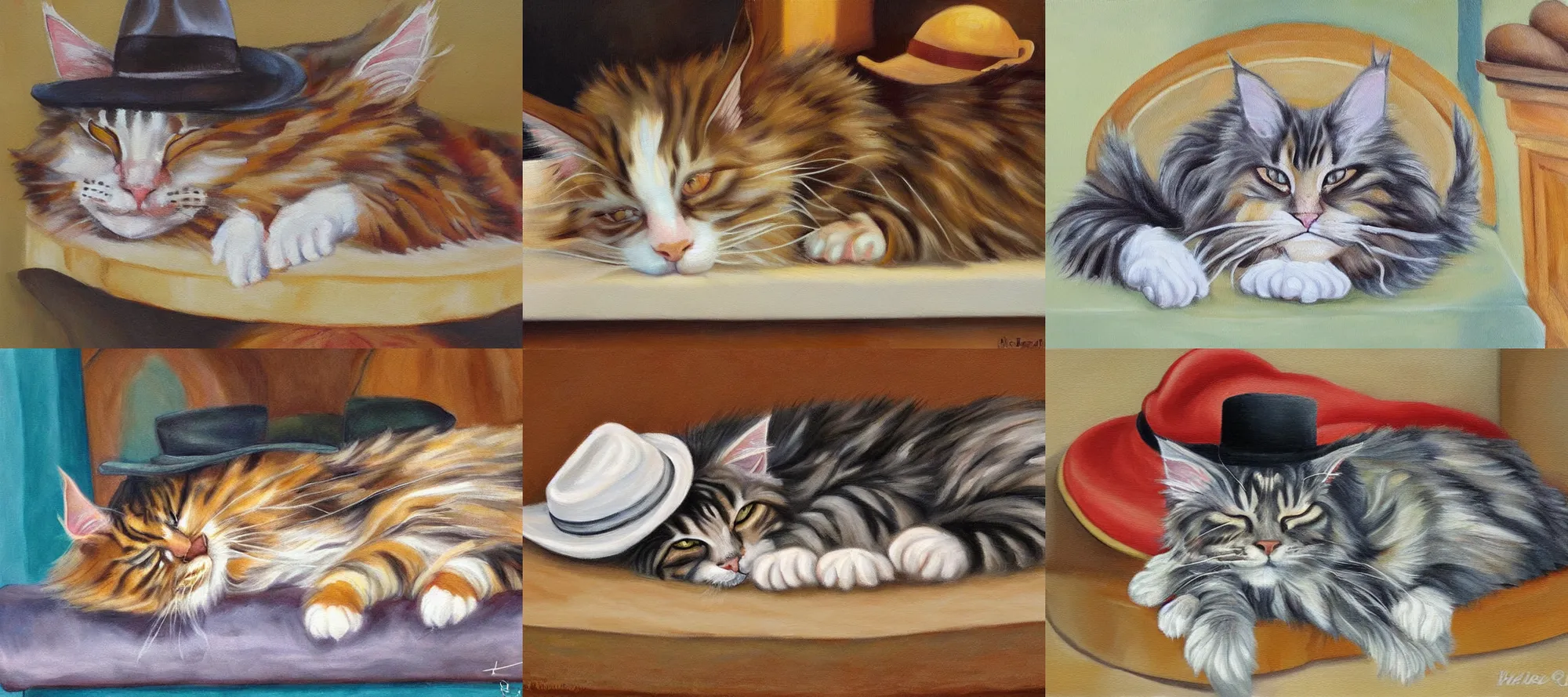 Prompt: realistic painting maine coon cat wearing fedora sleeping near hearth in bakery donuts cakes