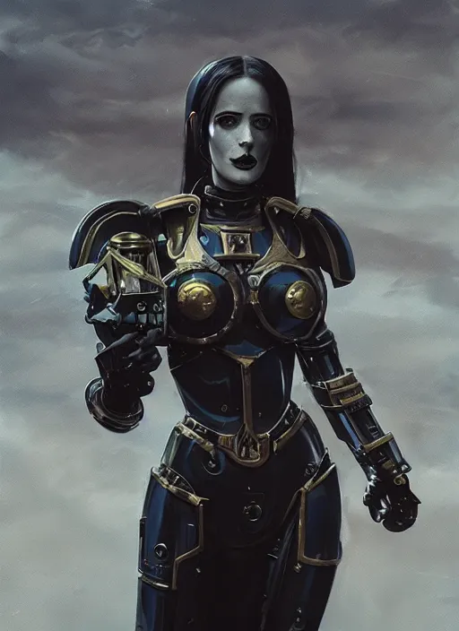 Prompt: hyper realistic photography portrait of heroic warhammer machine robotic android girl, eva green, wednesday addams, cinematic, chaos marine, artstation, cgsociety, full head and shoulders, greg rutkowski, james gurney, mignola, craig mullins, brom redshift, vray, octane render