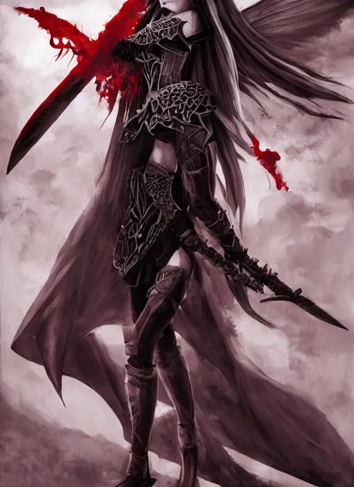 Image similar to dnd art, female vampire knight, flying, barefoot, black plate armor, historical armor, realistic armor, full body, monstrous mask, giant two - handed sword dripping blood, red wings, grinning, barefeet, realistic, pathfinder.