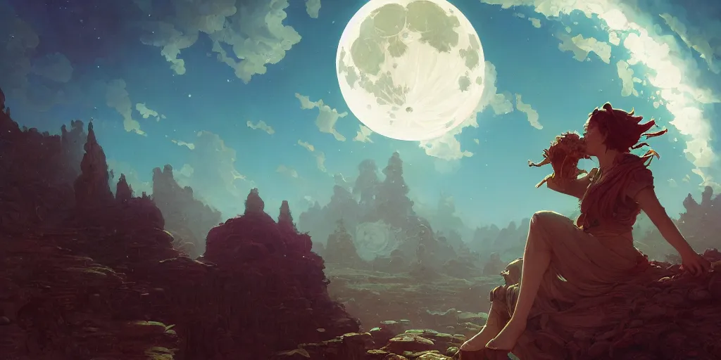 Image similar to highly detailed painting of the moon, unreal engine, fantasy art by greg rutkowski, loish, rhads, ferdinand knab, makoto shinkai and lois van baarle, ilya kuvshinov, rossdraws, tom bagshaw, alphonse mucha, global illumination, radiant light, detailed and intricate environment