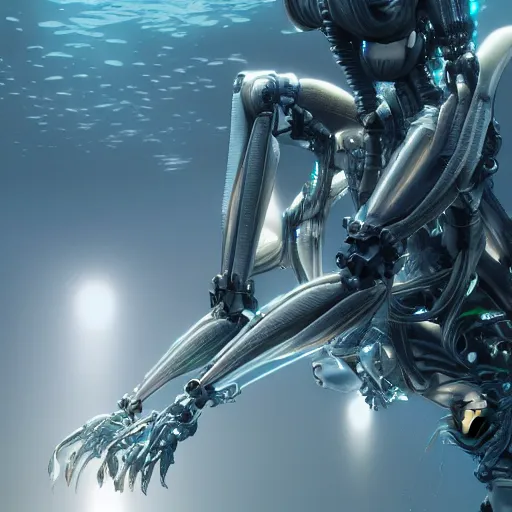 Image similar to biomechanical mecha white mermaid underwater, rays of light. Style of westworld, cables, lights, searchlight, weta digital, octane render, insane details, ultra realistic, beatifully lit, reflections