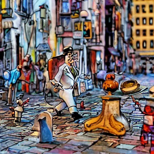 Image similar to full moon, figurines, travel!! tilt shift, style of will eisner, full of color, on white, smooth, thin sharp lines, detailed