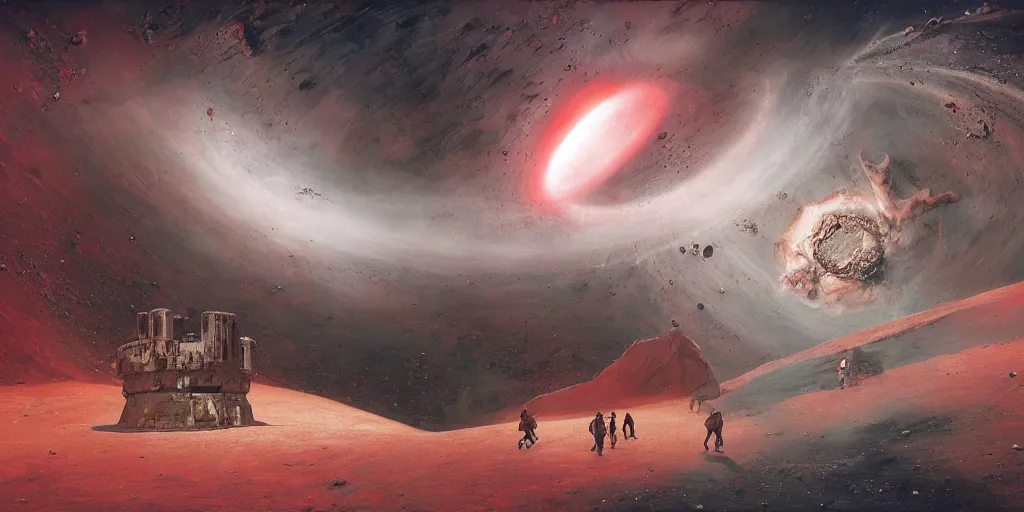 Image similar to supernova, neo brutalism space station, people wandering in the red desert, scarlet moon, dark atmosphere, tragedy, terror, stars, painted by steve mccurry, ruan jia, raymond swanland, lawrence alma tadema, zdzislaw beksinski, norman rockwell, jack kirby, tom lovell, alex malveda, greg staples