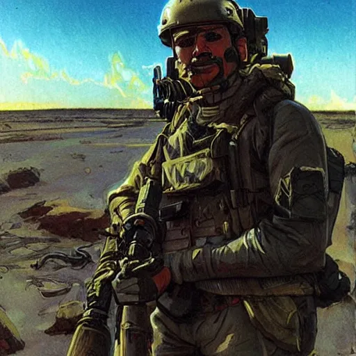 Image similar to Hector. USN special forces recon operator on patrol Australian neutral zone. 2087. Concept art by James Gurney and Alphonso Mucha