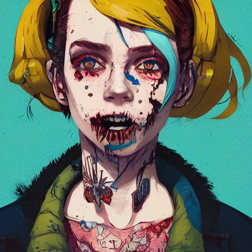 Prompt: Highly detailed portrait of a ((punk)) zombie young lady by Atey Ghailan, by Loish, by Bryan Lee O'Malley, by Cliff Chiang, mystical Yellow, brown, black and cyan color scheme ((dark blue moody background))