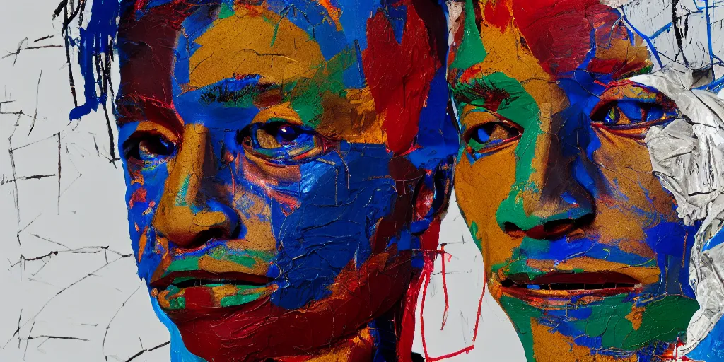 Image similar to a perfect bust of Jean-Michel Basquiat made out of crumpled colored foil, 3D cinematic lighting, spotlight at a 90 DEGREE ANGLE, photorealism, octane render, depth of field, 8k, 35mm, artgem, Trending on artstation