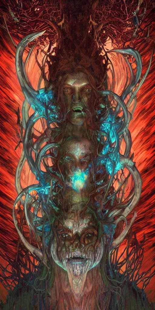 Prompt: intense snarling screaming glowing pagan god with ram horns and veins and intense glowing eyes in very dark forest by karol bak and beksinski and alphonse mucha, portrait, fantasy, clear, light beams, lens flare, intense, uhd, red and teal and shining polished gold, amazing depth, cinematic lighting