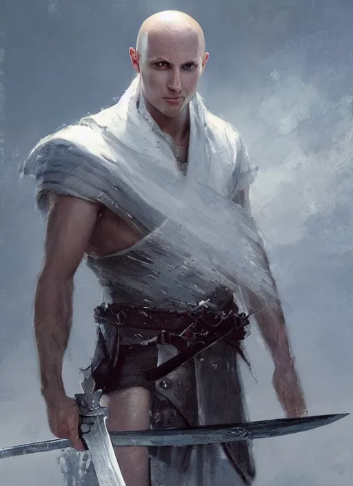 Image similar to a young man with wide, intense eyes. he is bald and clean shaven, dressed entirely in white and holding a huge sword. painting by greg rutkowski and raymond swanland