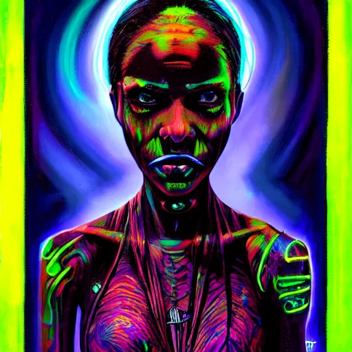 Image similar to a death tarot featuring a haitian voodoo priestess with menacing eyes, blacklight neon colors, by anton semenov and android jones in cyberpunk voodoo style, oil on canvas, 8k