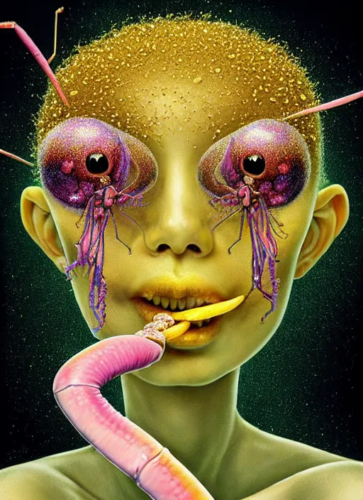 Prompt: hyper detailed 3d render like a Oil painting - kawaii half visceral portrait Aurora (sultry gold haired Singer Praying Mantis Dragonfly) seen Eating of the Strangling network of yellowcake aerochrome and milky Fruit and Her gilded compound eyes delicate Hands hold of gossamer polyp blossoms bring iridescent fungal flowers whose spores black the foolish stars by Jacek Yerka, Mariusz Lewandowski, Houdini algorithmic generative render, Abstract brush strokes, Masterpiece, Edward Hopper and James Gilleard, Zdzislaw Beksinski, Mark Ryden, Wolfgang Lettl, hints of Yayoi Kasuma, octane render, 8k