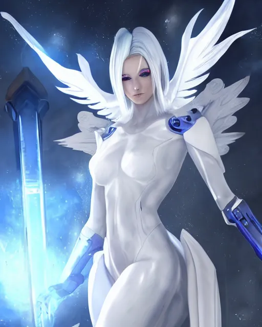 Image similar to perfect white haired attractive alien being with huge white dove wings, warframe armor, beautiful, symmetric, dreamy, half asian, pretty face, blue eyes, detailed, scifi platform, laboratory, experiment, 4 k, ultra realistic, epic lighting, android body, illuminated, cinematic, masterpiece, art by akihito tsukushi, voidstar