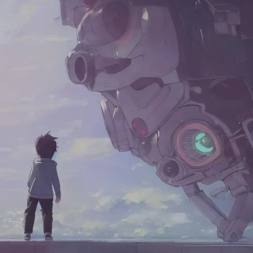 Prompt: a little boy holding hands with an enormous robot. detailed. by makoto shinkai. krzysztof maziarz. greg rutkowski