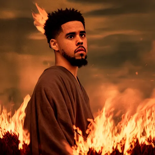 Image similar to cinematic film still J Cole starring as a Samurai holding fire, Japanese CGI, VFX, 2022, 40mm lens, shallow depth of field,film photography