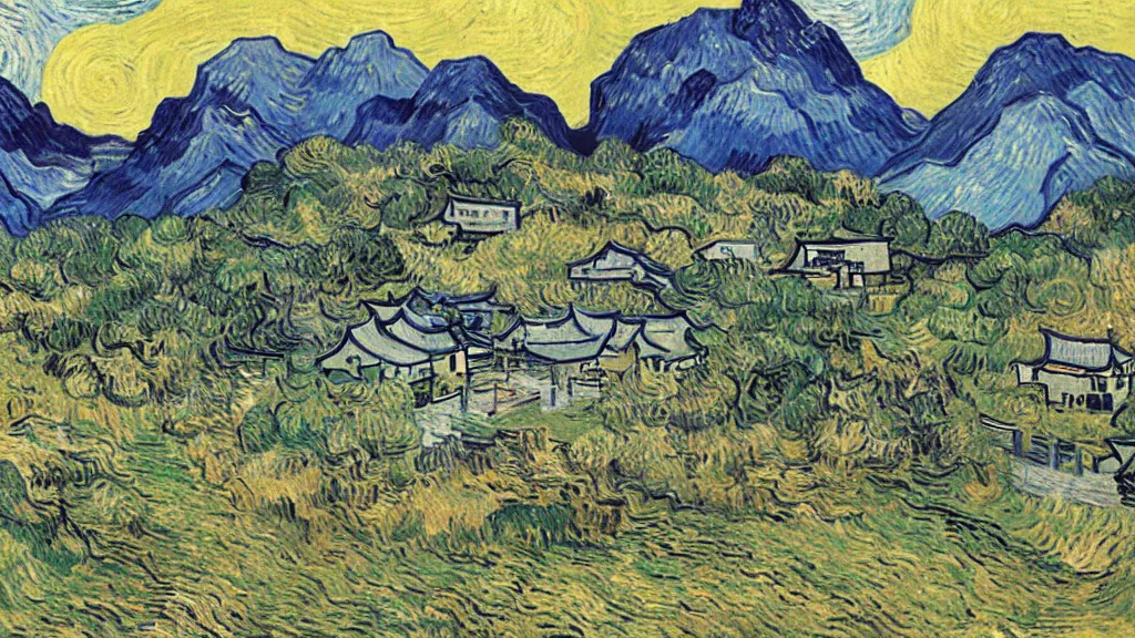 Prompt: Japanese village in the mountains painted by Van Gogh