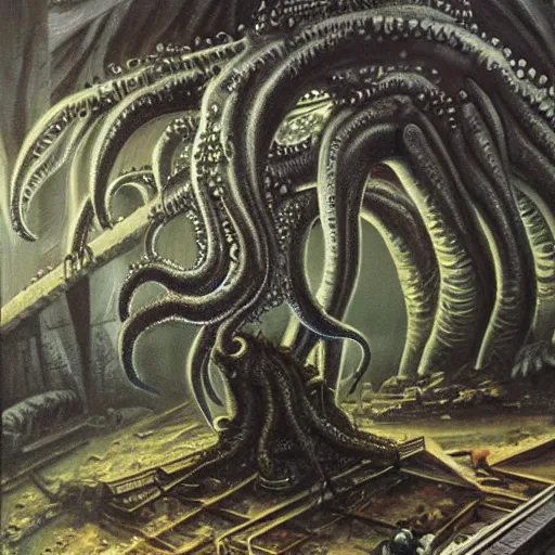 Image similar to oil painting of giant Cthulhu destroying a metro station with a M40 Machine Gun, highly detailed, H P Lovecraft