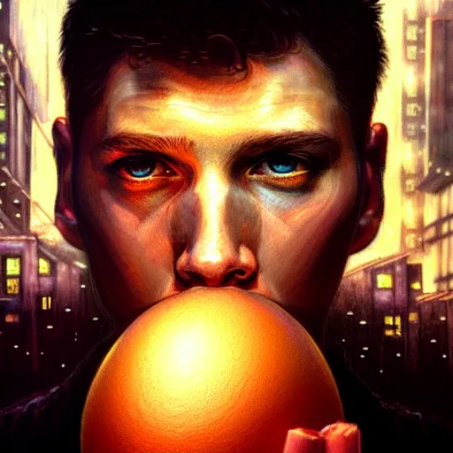 Prompt: minecraft steve holding egg, hyperrealistic portrait, bladerunner street, by karol bak and agnes cecile, fantasy art, photo realistic, dynamic lighting, artstation, poster, volumetric lighting, very detailed face, 8 k, award winning