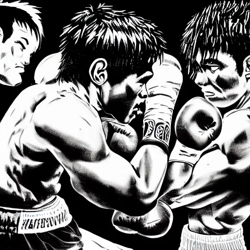 Prompt: a violent boxing match, a boxer punches a boxer in the face, anime, manga panel, masterpiece, by joji morikawa, 4 k wallpaper, ink and screentone, bloody