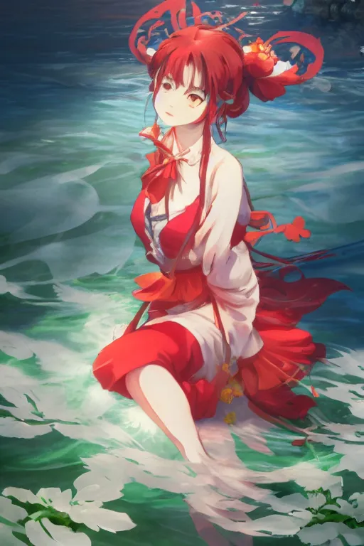 Image similar to hakurei reimu from touhou project floating on the water at night, plants, green and orange theme by krenz cushart and mucha and makoto shinkai and akihito yoshida and greg rutkowski, 4 k resolution