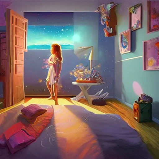 Prompt: a child goddess creating a universe in her room at night. Detailed. Elaborate. Intricate. Digital art. Masterpiece. By Krzysztof Maziarz. RHADS. Repin.