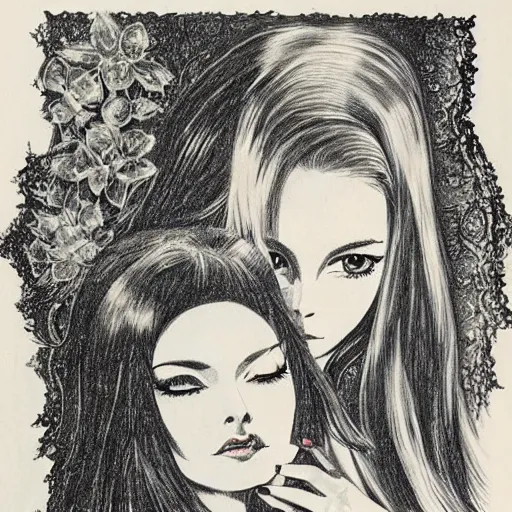 Image similar to 1 9 6 0 s drawing symmetrical pretty elegant brigitte bardot as a vampire with alain delon, very detailed intricate intaglio, style of takato yamamoto!!! lots of flowers