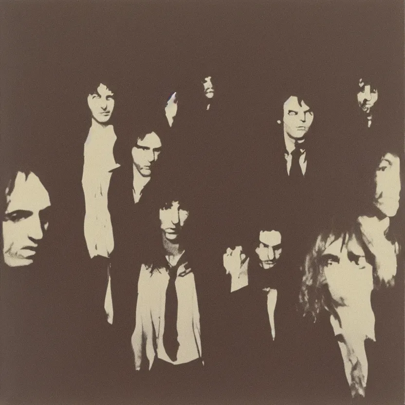 Prompt: a few men standing next to each other in a dark room, an album cover by Syd Barrett, pinterest, mannerism, antichrist, flickering light, 1970s