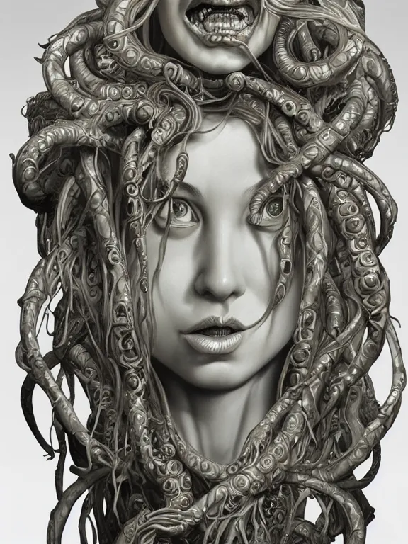 Prompt: perfectly centered portrait, front view marble sculpture of a beautiful biomechanical medusa, female, flowing hair, intense stare, sarcastic smile, symmetrical, concept art, intricate detail, volumetric shadows and lighting, realistic oil painting by tim hildebrandt,