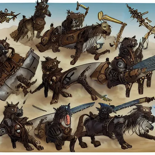 Prompt: Warrior cats riding large wardogs into battle, steampunk weapons and armour